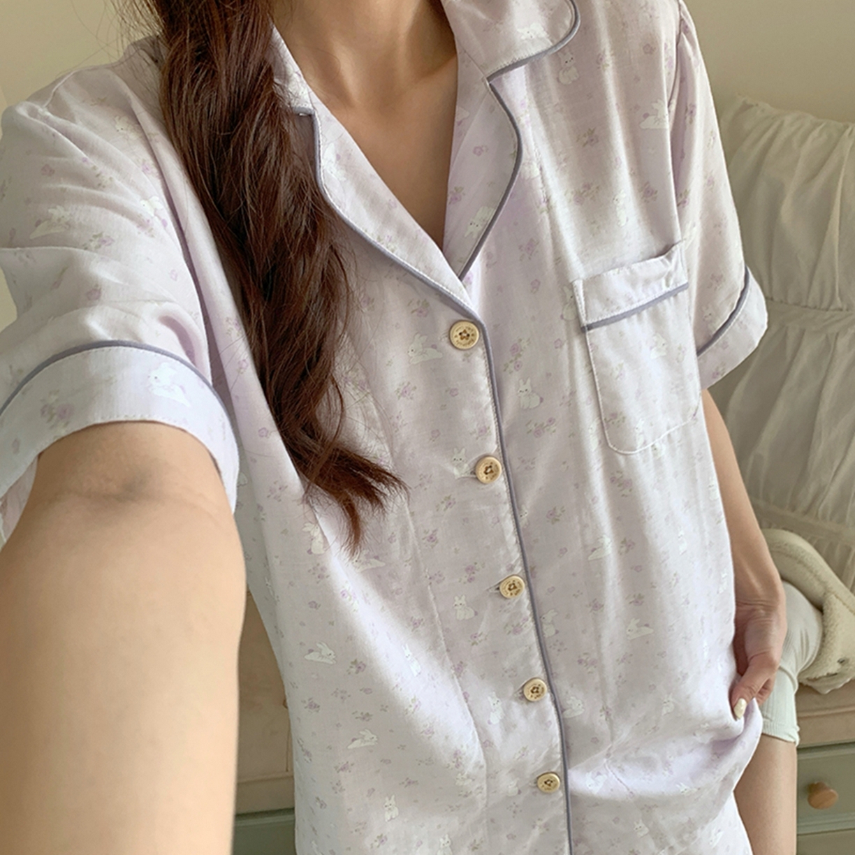 91家纺网 家纺一手货源 找家纺 爱思佳 2026新款全棉纯棉双层纱短袖睡衣系列 紫小兔