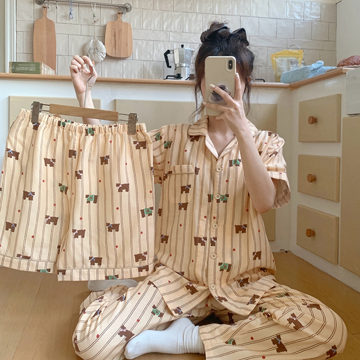 爱思佳 2026新款全棉纯棉双层纱短袖睡衣系列 咖色小狗