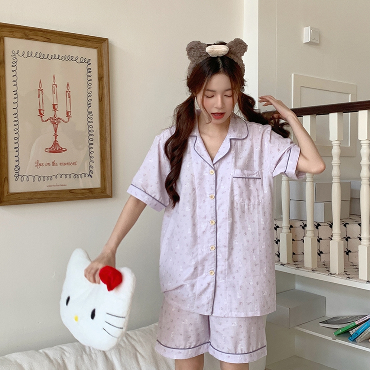 91家纺网 家纺一手货源 找家纺 爱思佳 2026新款全棉纯棉双层纱短袖睡衣系列 紫小兔