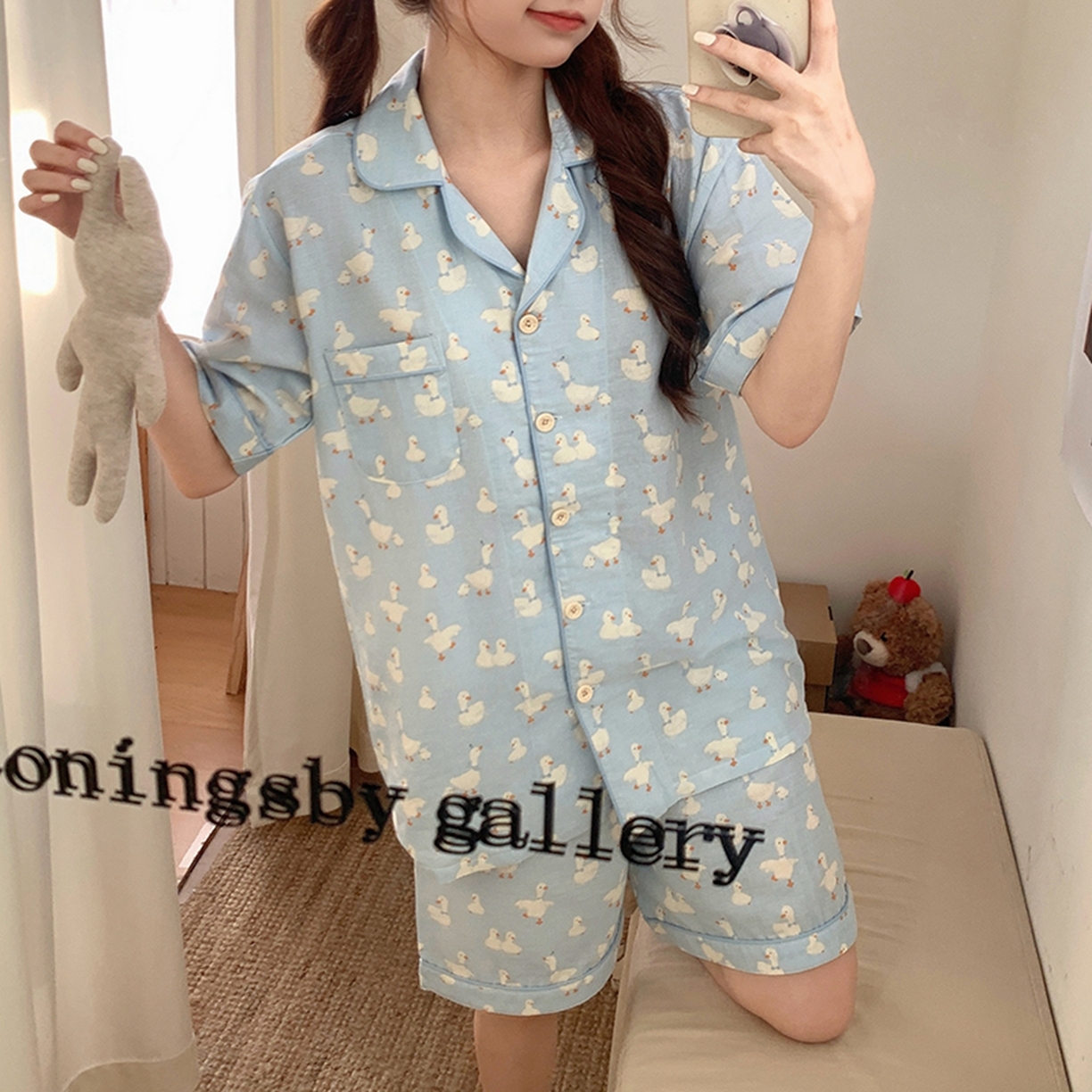 91家纺网 家纺一手货源 找家纺 爱思佳 2026新款全棉纯棉双层纱短袖睡衣系列 蓝色大鹅