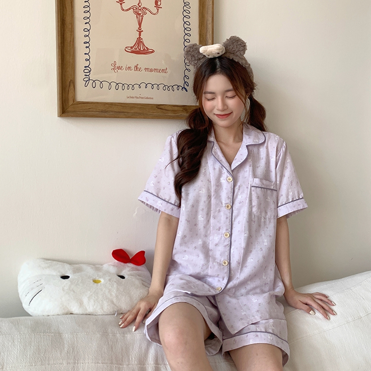 91家纺网 家纺一手货源 找家纺 爱思佳 2026新款全棉纯棉双层纱短袖睡衣系列 紫小兔