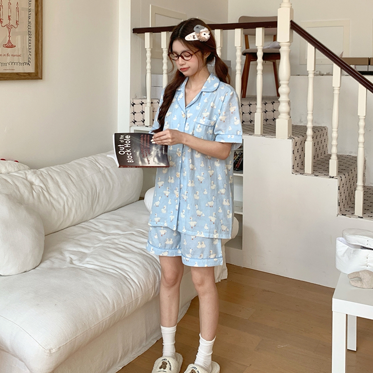 91家纺网 家纺一手货源 找家纺 爱思佳 2026新款全棉纯棉双层纱短袖睡衣系列 蓝色大鹅