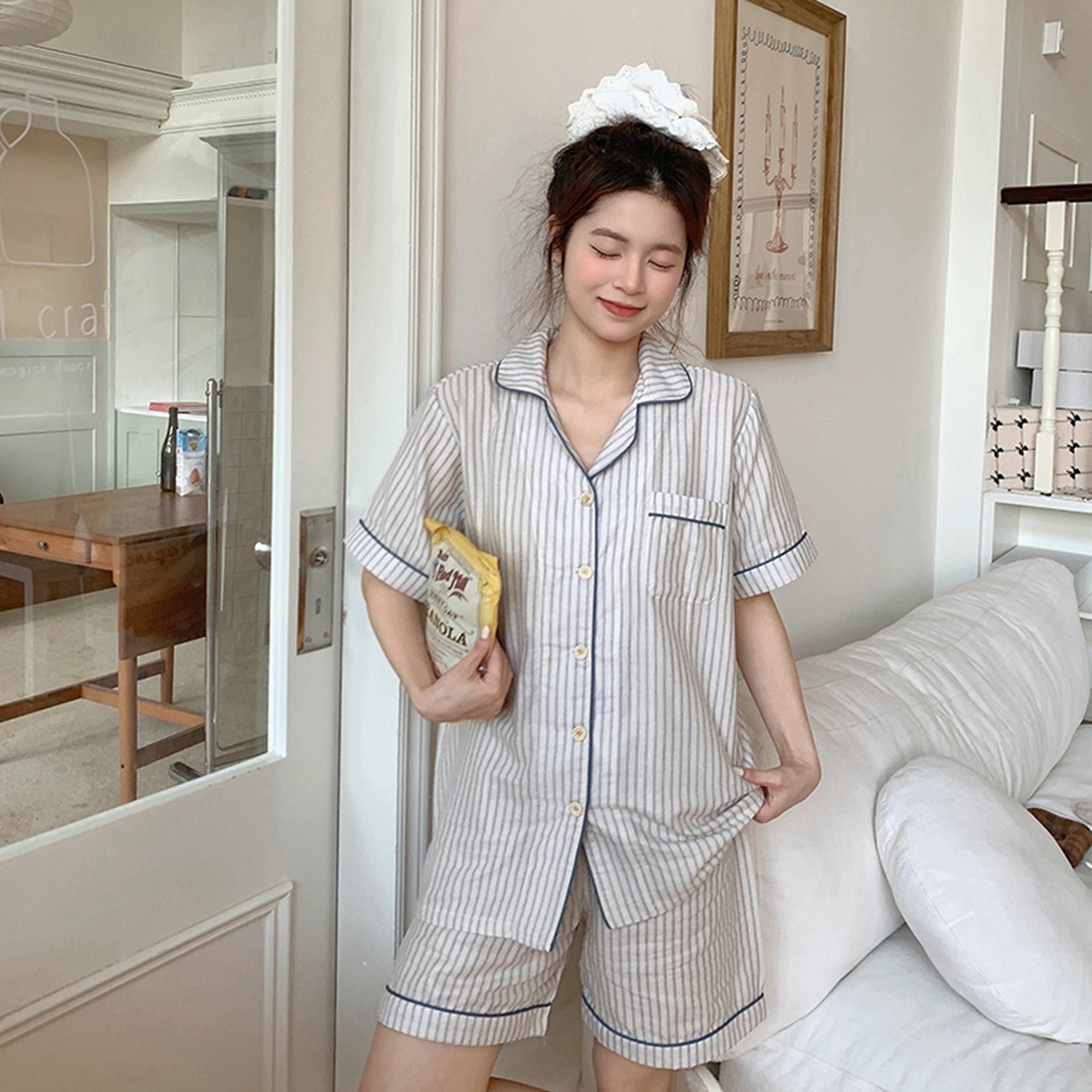 91家纺网 家纺一手货源 找家纺 爱思佳 2026新款全棉纯棉双层纱短袖睡衣系列 条纹蓝