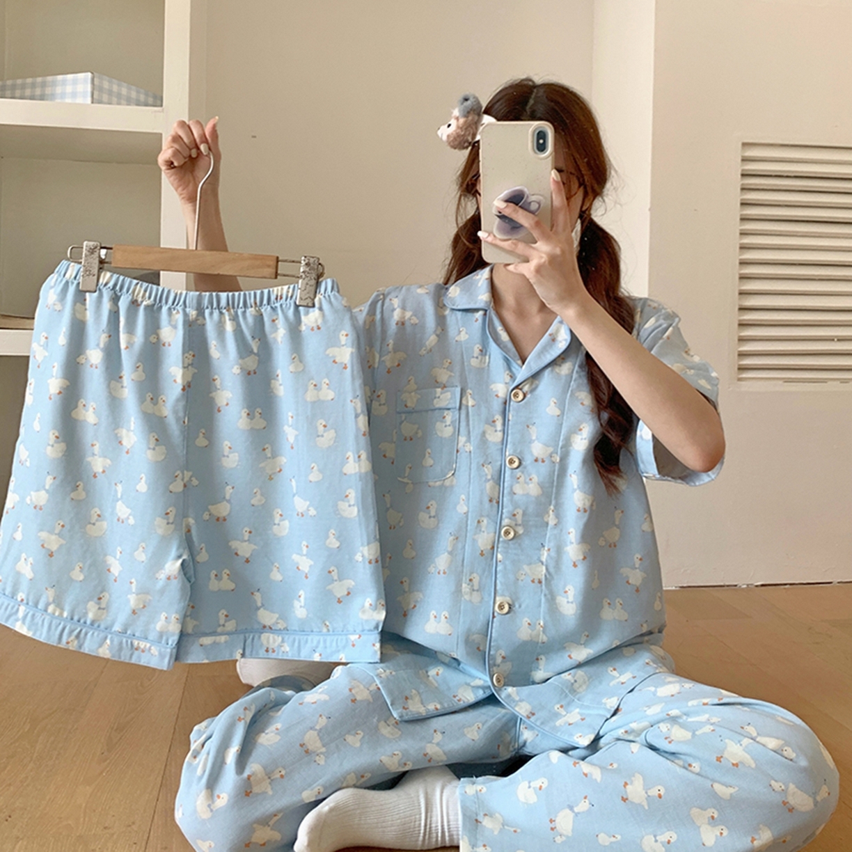 爱思佳 2026新款全棉纯棉双层纱短袖睡衣系列 蓝色大鹅