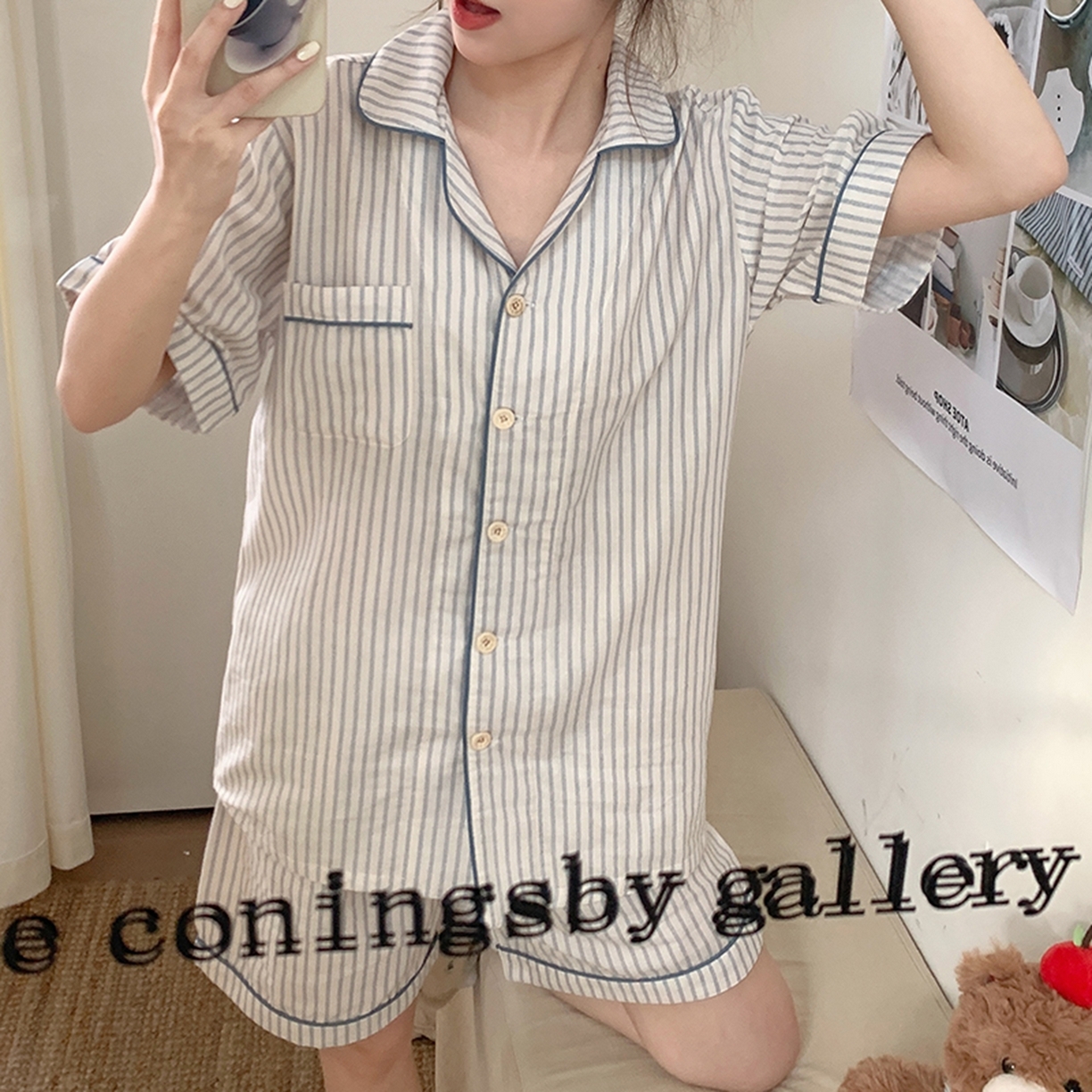 91家纺网 家纺一手货源 找家纺 爱思佳 2026新款全棉纯棉双层纱短袖睡衣系列 条纹蓝