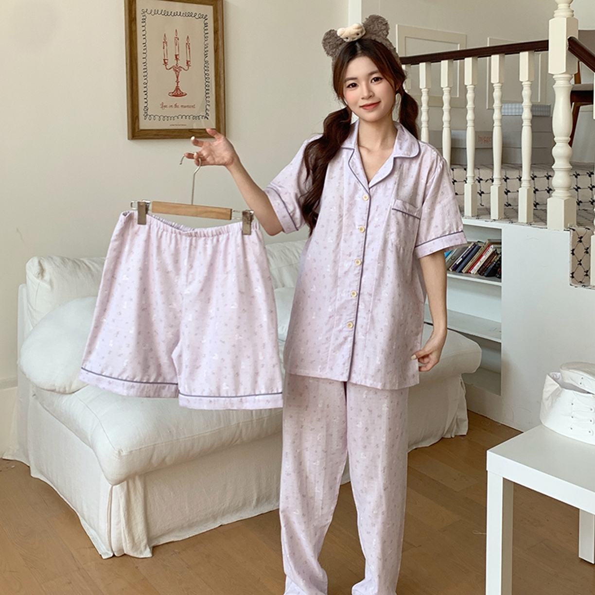 91家纺网 家纺一手货源 找家纺 爱思佳 2026新款全棉纯棉双层纱短袖睡衣系列 紫小兔
