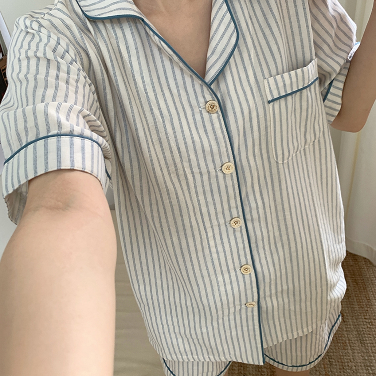 91家纺网 家纺一手货源 找家纺 爱思佳 2026新款全棉纯棉双层纱短袖睡衣系列 条纹蓝