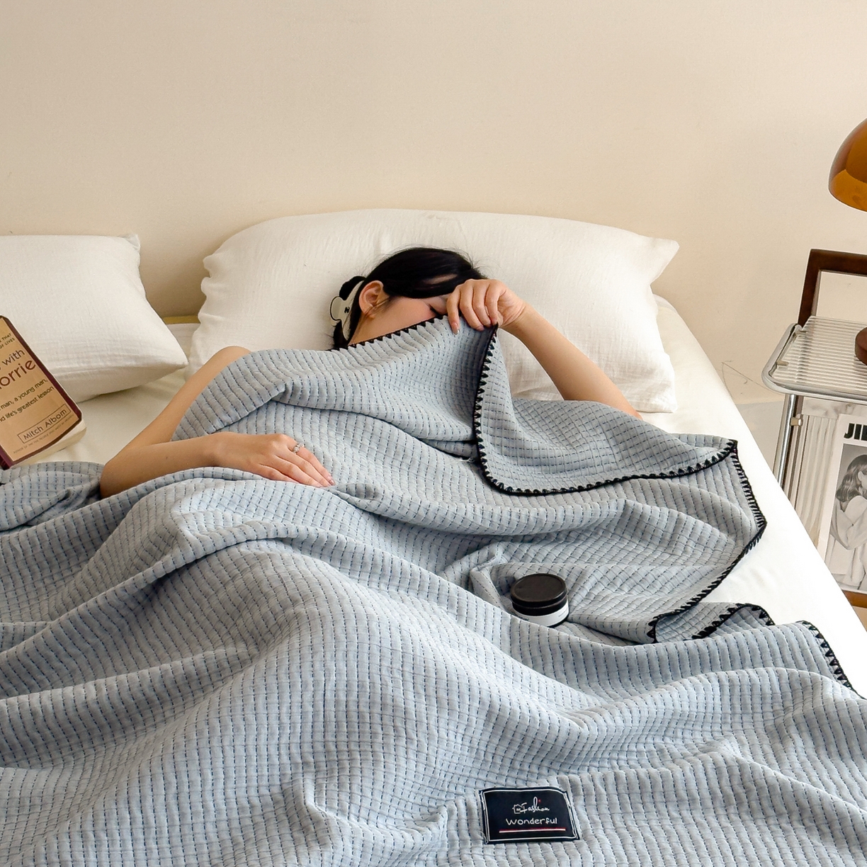 91家纺网 家纺一手货源 找家纺 云恋家纺 2026新款A类全棉毛巾被全棉学生午睡毯薄款夏被沙发空调被办公室披肩毯 初见-莱恩蓝