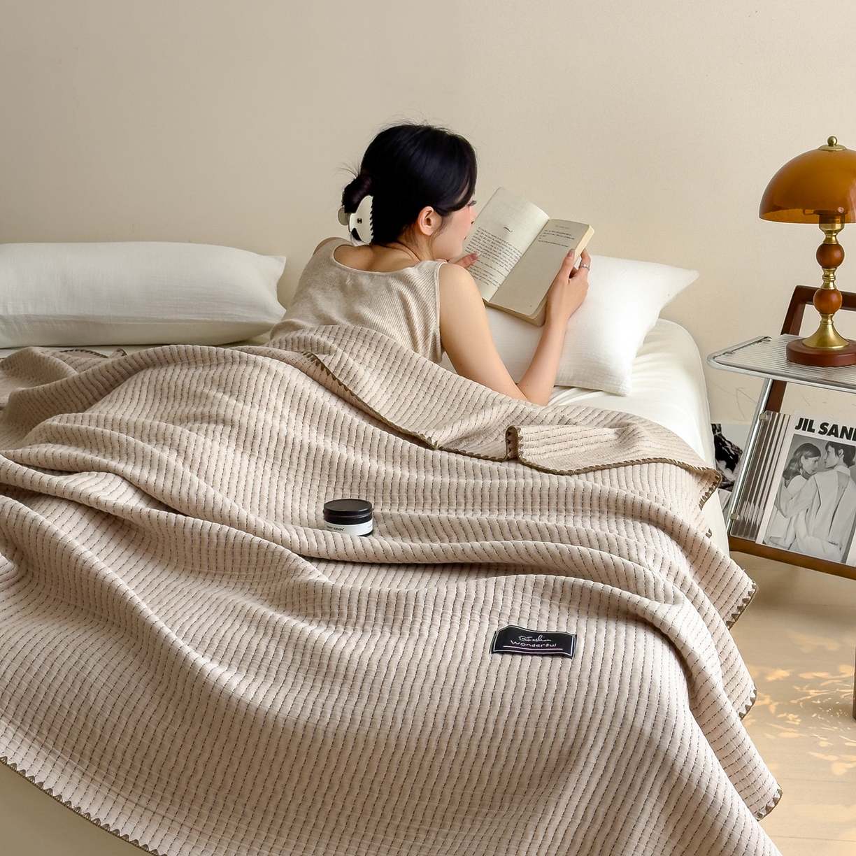 91家纺网 家纺一手货源 找家纺 云恋家纺 2026新款A类全棉毛巾被全棉学生午睡毯薄款夏被沙发空调被办公室披肩毯 初见-浅亚麻