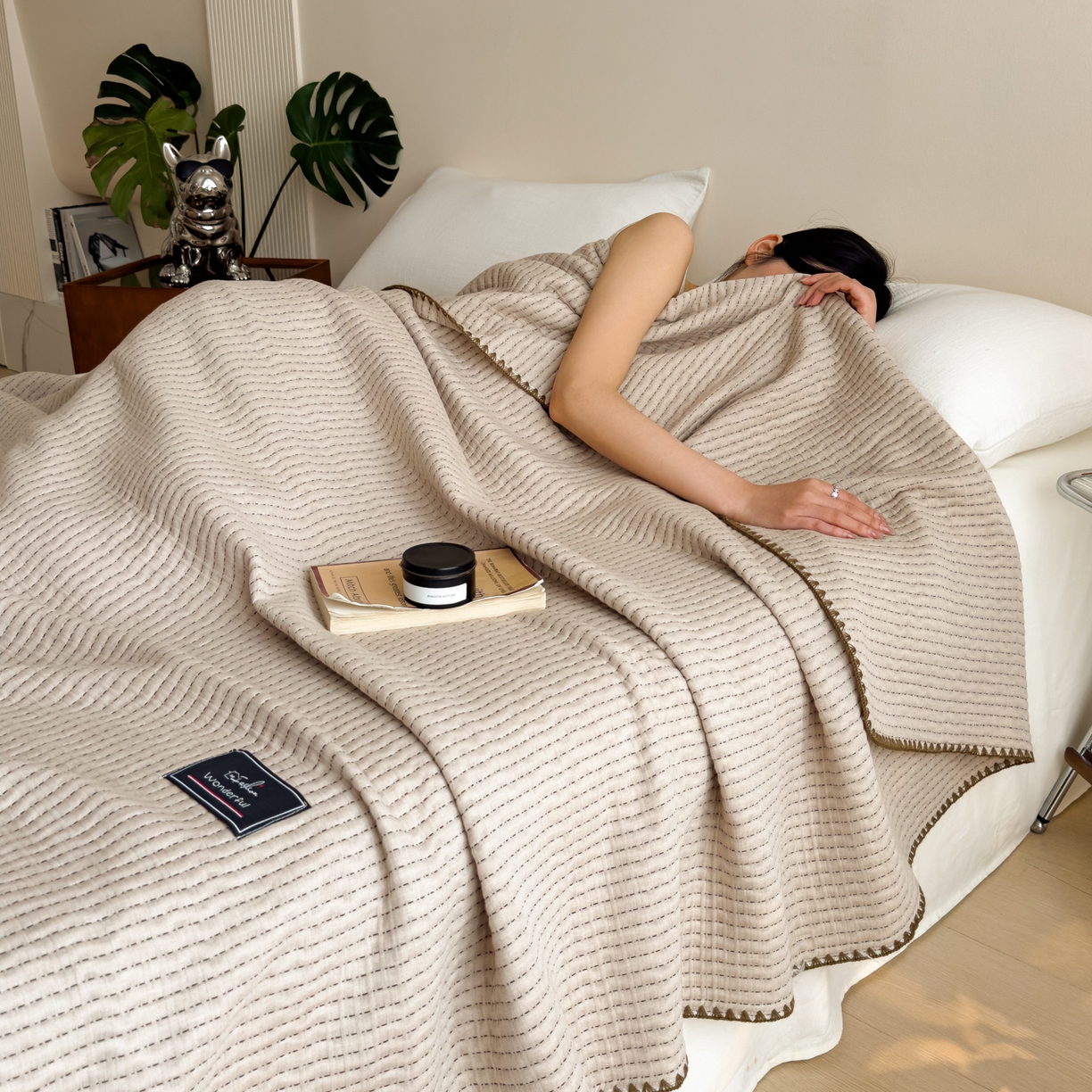 91家纺网 家纺一手货源 找家纺 云恋家纺 2026新款A类全棉毛巾被全棉学生午睡毯薄款夏被沙发空调被办公室披肩毯 初见-浅亚麻