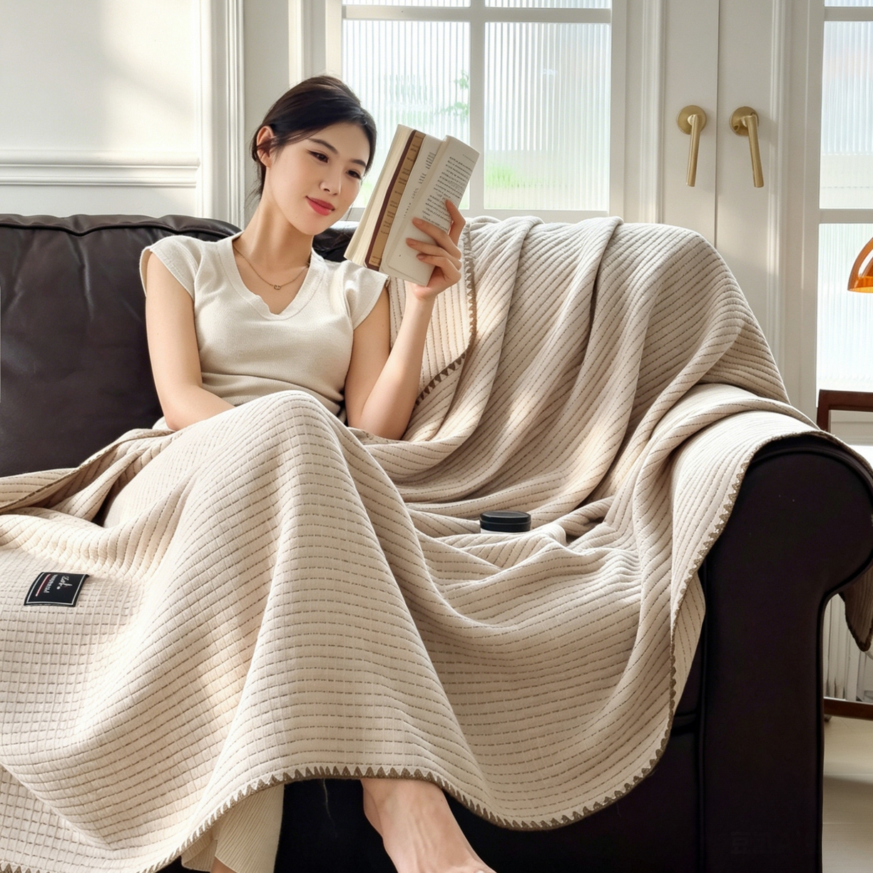 91家纺网 家纺一手货源 找家纺 云恋家纺 2026新款A类全棉毛巾被全棉学生午睡毯薄款夏被沙发空调被办公室披肩毯 初见-浅亚麻