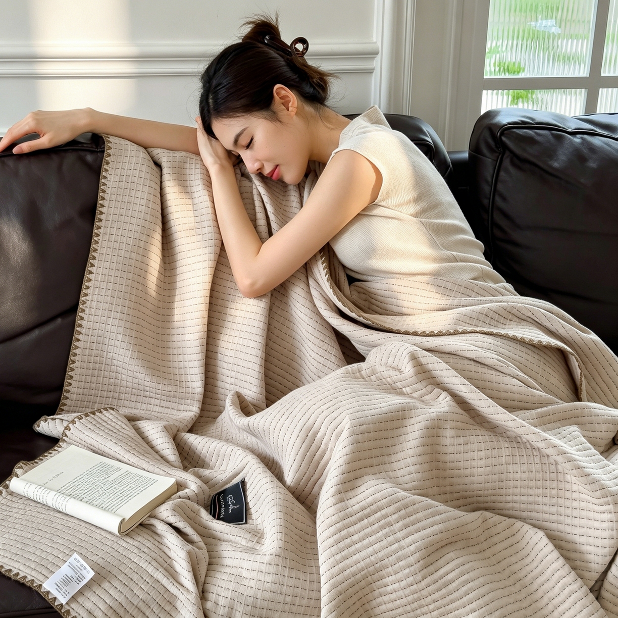 91家纺网 家纺一手货源 找家纺 云恋家纺 2026新款A类全棉毛巾被全棉学生午睡毯薄款夏被沙发空调被办公室披肩毯 初见-浅亚麻