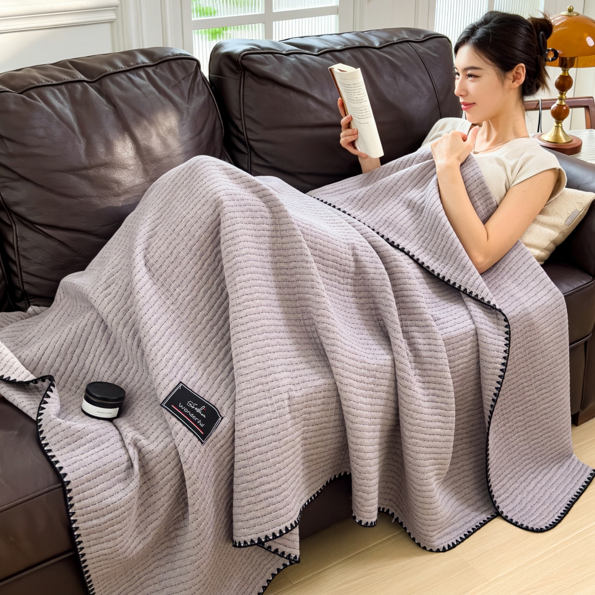 云恋家纺 2026新款A类全棉毛巾被全棉学生午睡毯薄款夏被沙发空调被办公室披肩毯 初见-烟紫