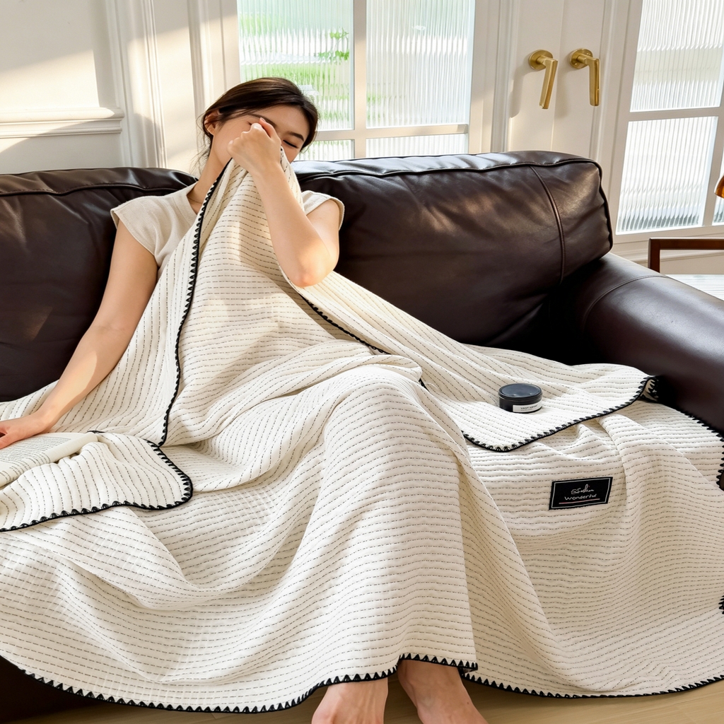 91家纺网 家纺一手货源 找家纺 云恋家纺 2026新款A类全棉毛巾被全棉学生午睡毯薄款夏被沙发空调被办公室披肩毯 初见-月白