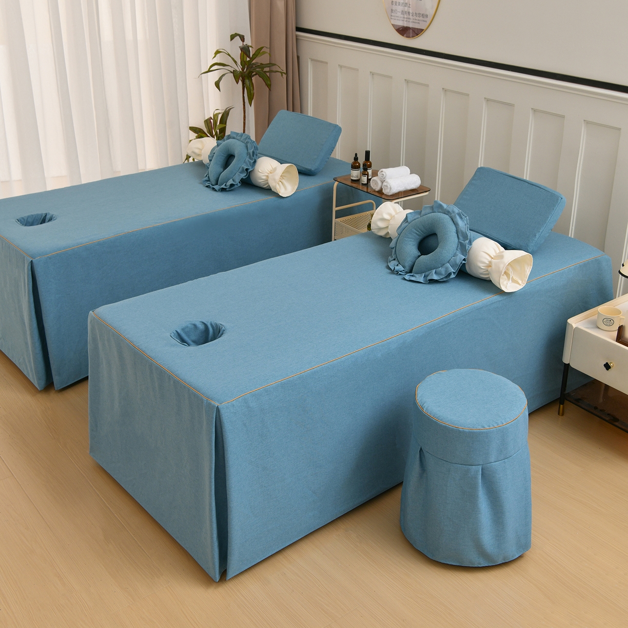 91家纺网 家纺一手货源 找家纺 莉人坊 2026新款彩棉麻床罩-富贵花开 富贵花开-湖蓝