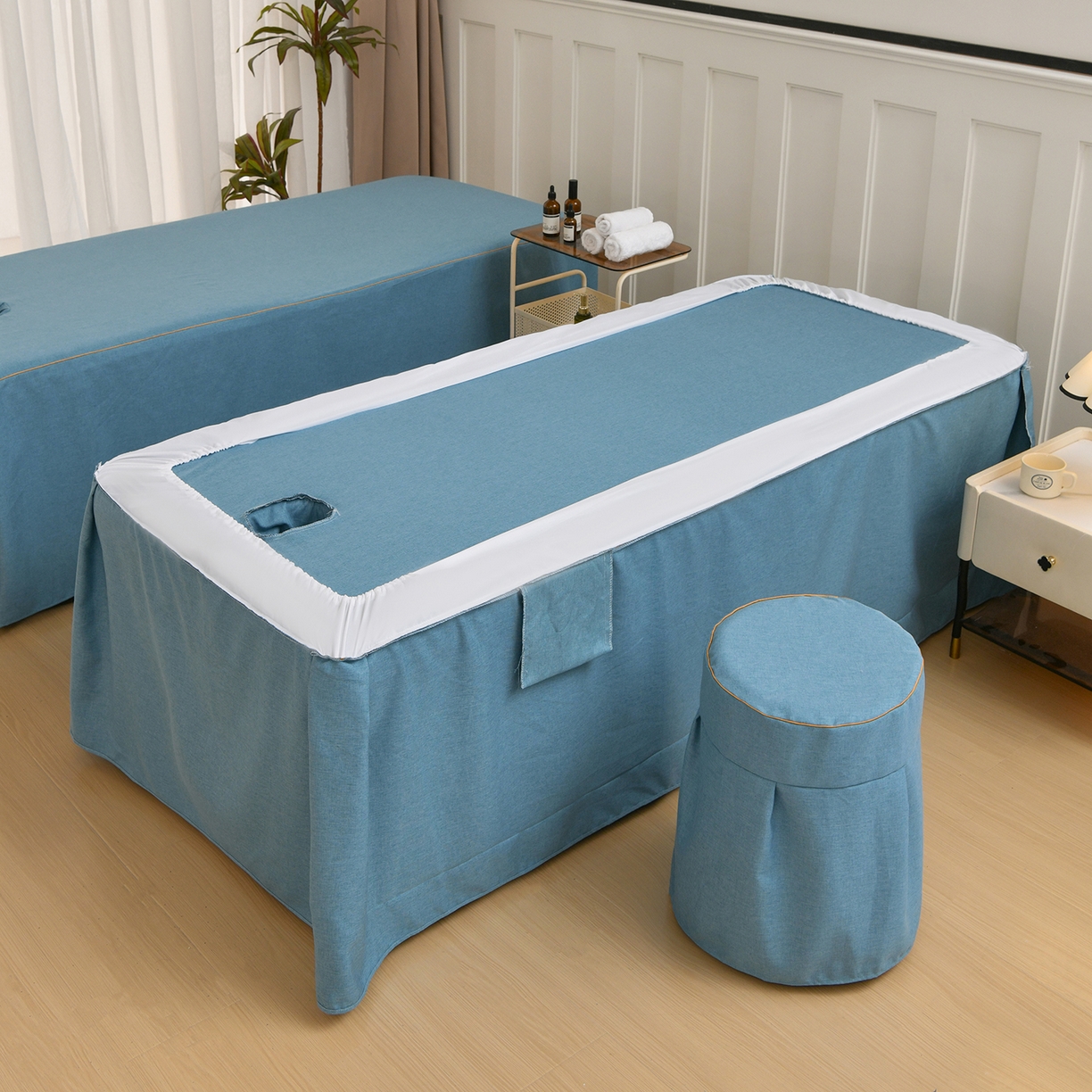 91家纺网 家纺一手货源 找家纺 莉人坊 2026新款彩棉麻床罩-富贵花开 富贵花开-湖蓝