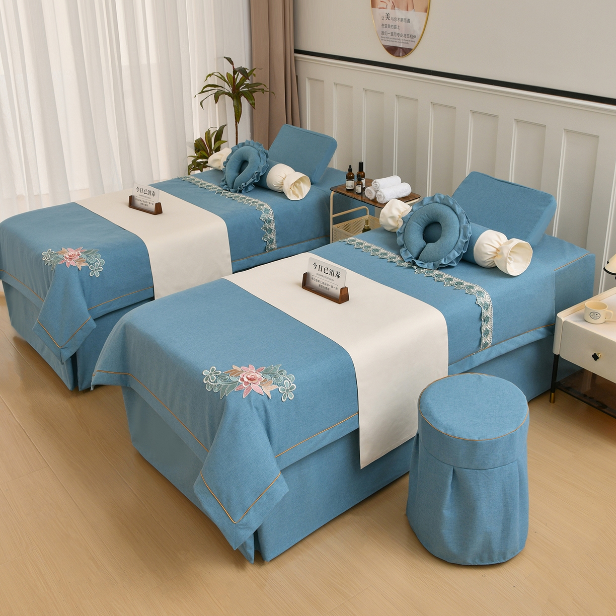 91家纺网 家纺一手货源 找家纺 莉人坊 2026新款彩棉麻床罩-富贵花开 富贵花开-湖蓝