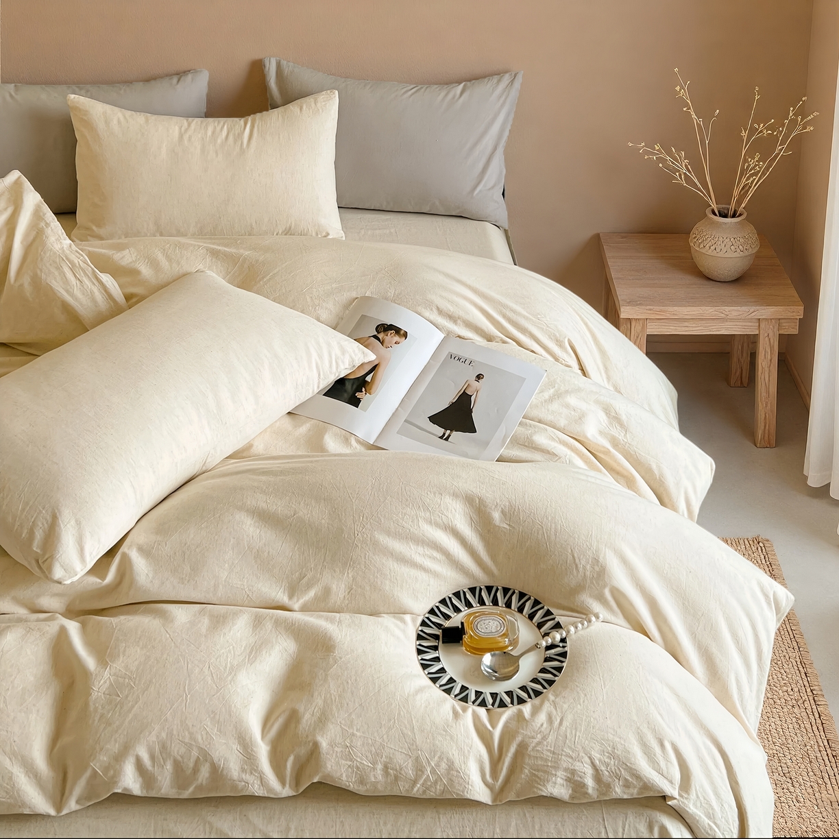 91家纺网 家纺一手货源 找家纺 （总）树下 2026新款A类高支高密棉麻四件套-素麻