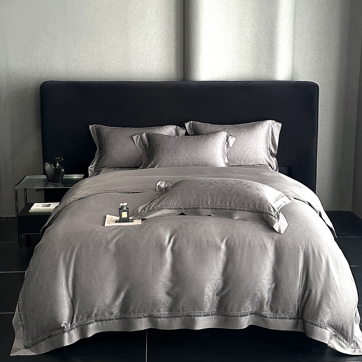 91家纺网 家纺一手货源 找家纺 南通朵美纺织品有限公司 2026新款100支天丝镂空提花斐庭系列四件套 斐庭（浅灰）