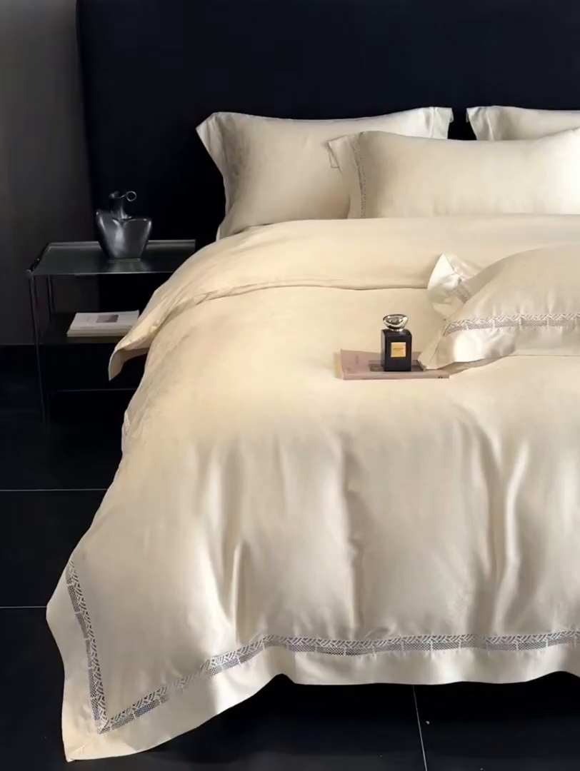 91家纺网 家纺一手货源 找家纺 南通朵美纺织品有限公司 2026新款100支天丝镂空提花斐庭系列四件套 斐庭（米白）