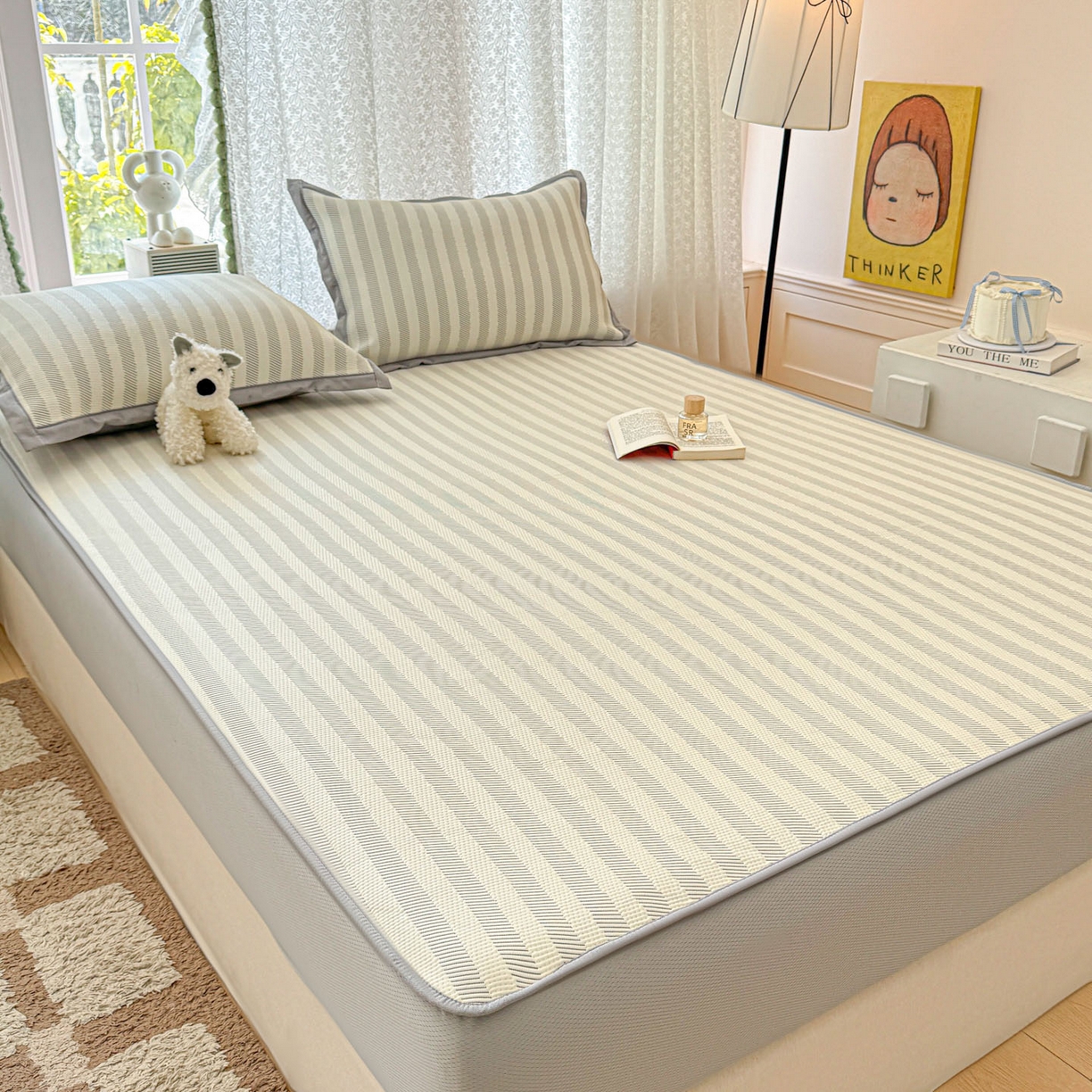 91家纺网 家纺一手货源 找家纺 川悦生活 2026新款凉豆豆提花凉席床笠款 床笠甜心-月灰