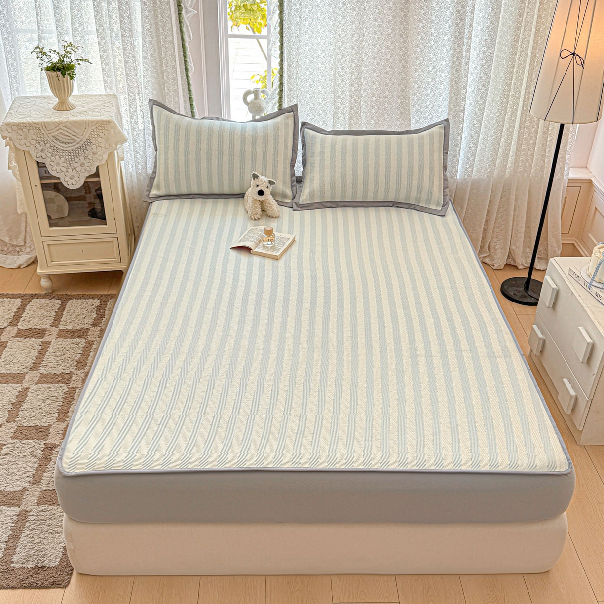 91家纺网 家纺一手货源 找家纺 川悦生活 2026新款凉豆豆提花凉席床笠款 床笠甜心-水蓝