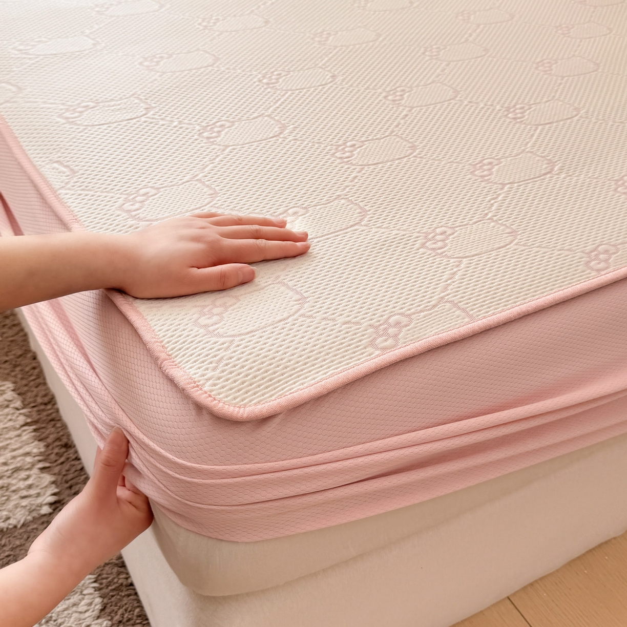 91家纺网 家纺一手货源 找家纺 川悦生活 2026新款凉豆豆提花凉席床笠款 床笠甜心奶猫