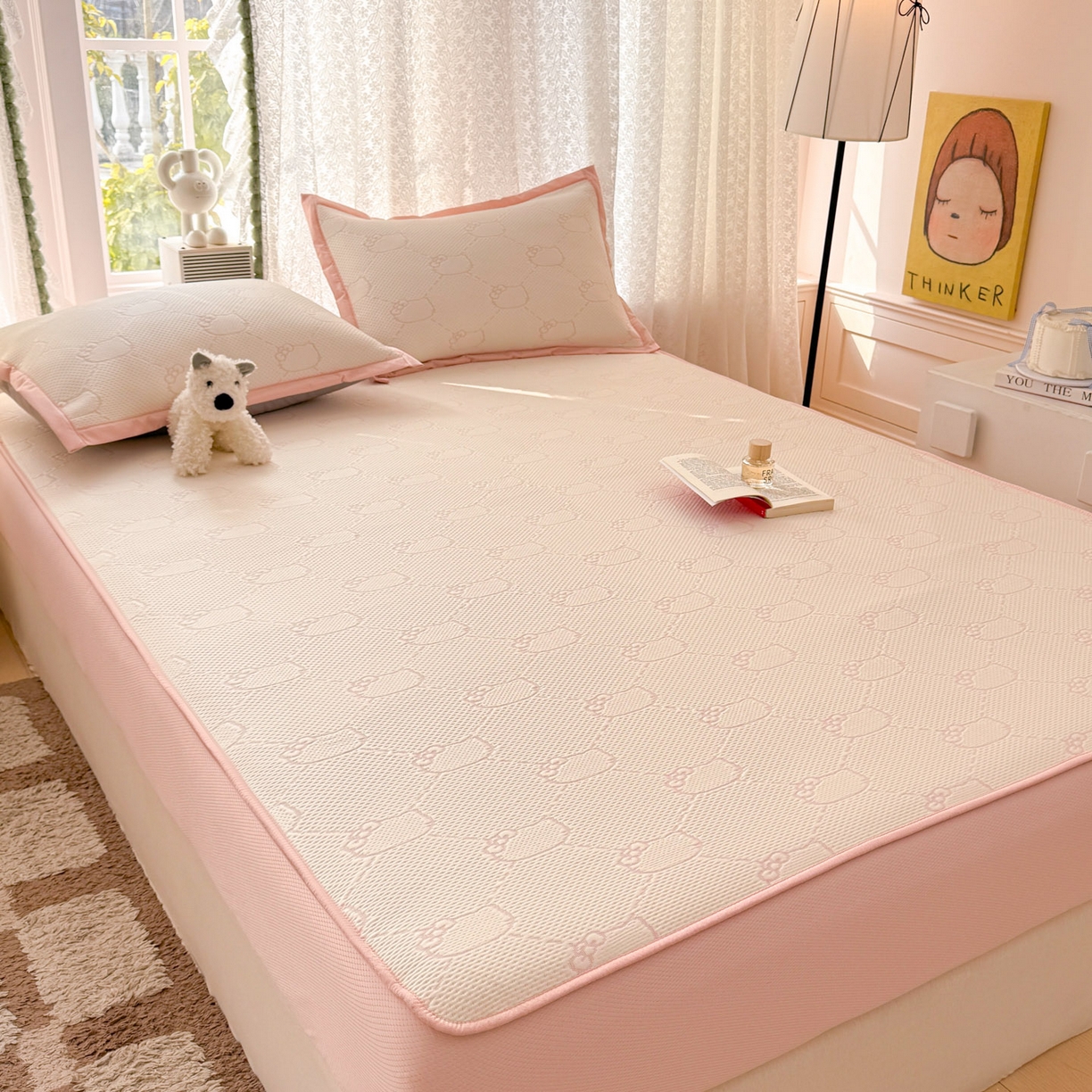 91家纺网 家纺一手货源 找家纺 川悦生活 2026新款凉豆豆提花凉席床笠款 床笠甜心奶猫