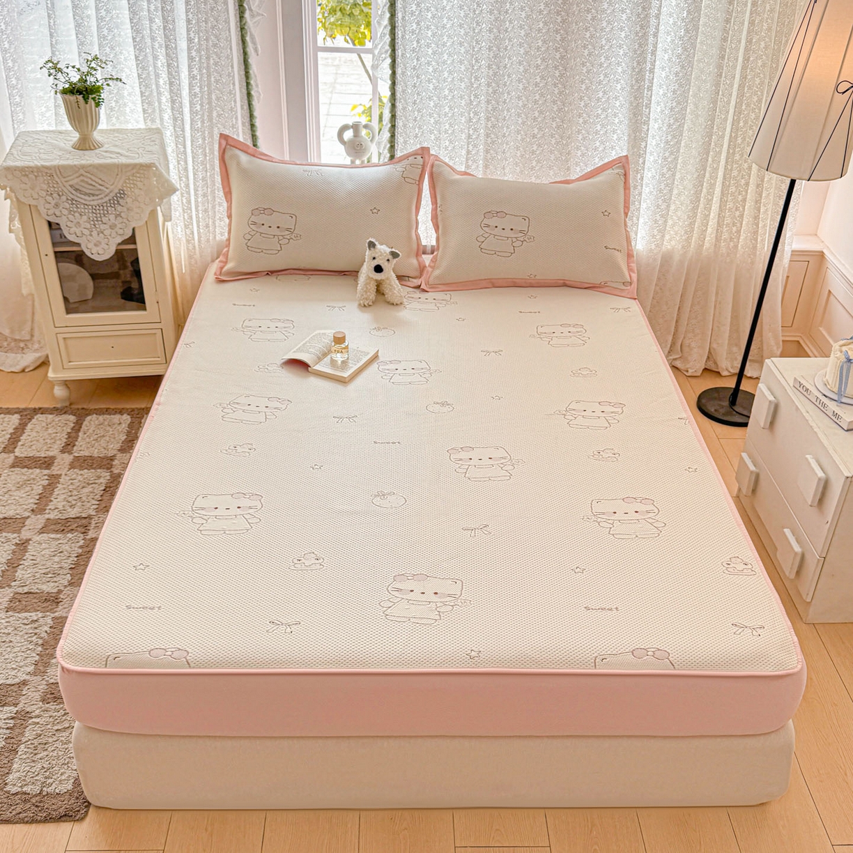 91家纺网 家纺一手货源 找家纺 川悦生活 2026新款凉豆豆提花凉席床笠款 床笠星花小猫