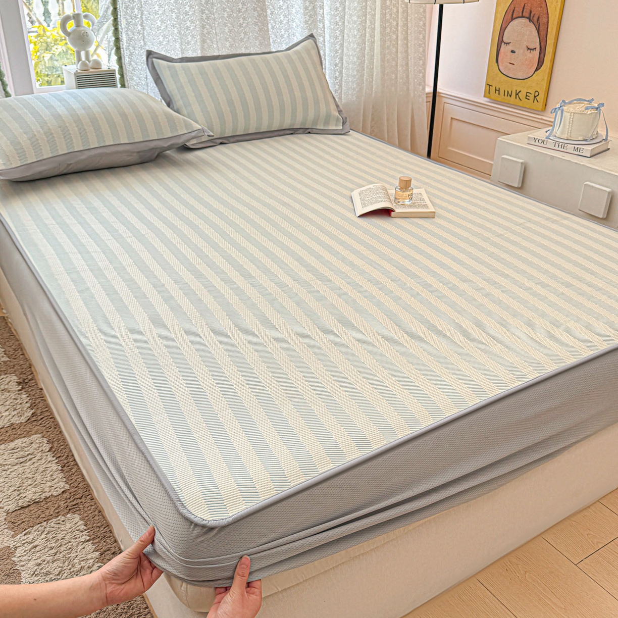 91家纺网 家纺一手货源 找家纺 川悦生活 2026新款凉豆豆提花凉席床笠款 床笠甜心-水蓝