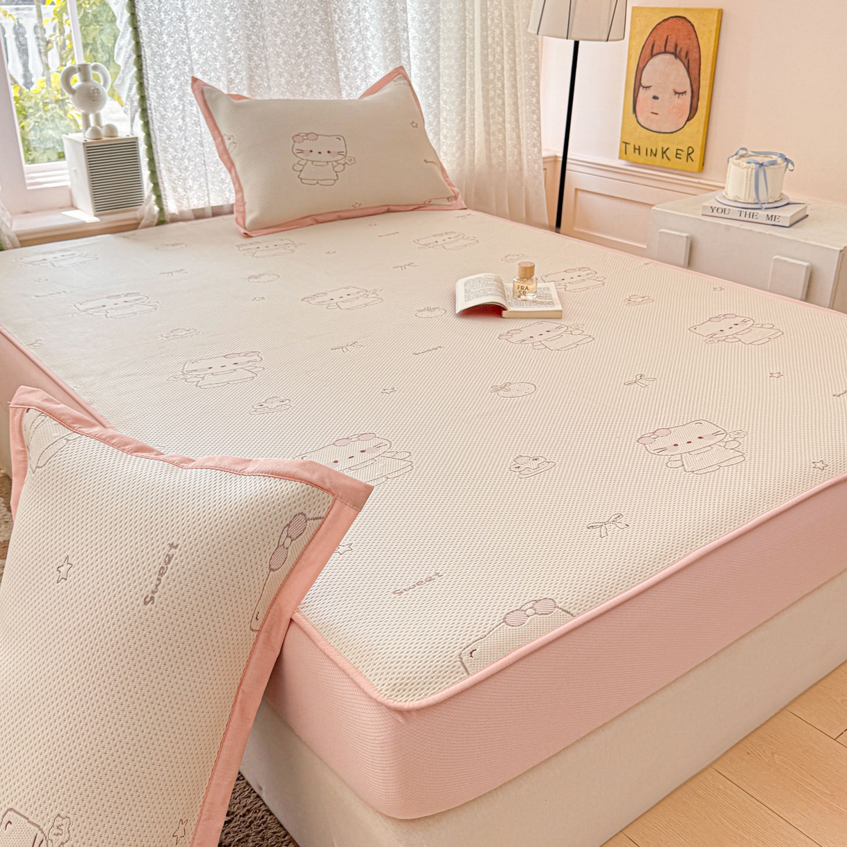 91家纺网 家纺一手货源 找家纺 川悦生活 2026新款凉豆豆提花凉席床笠款 床笠星花小猫