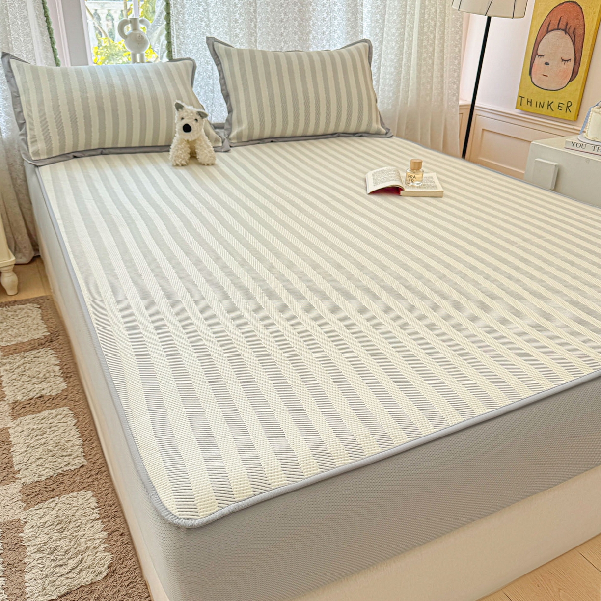 91家纺网 家纺一手货源 找家纺 川悦生活 2026新款凉豆豆提花凉席床笠款 床笠甜心-月灰