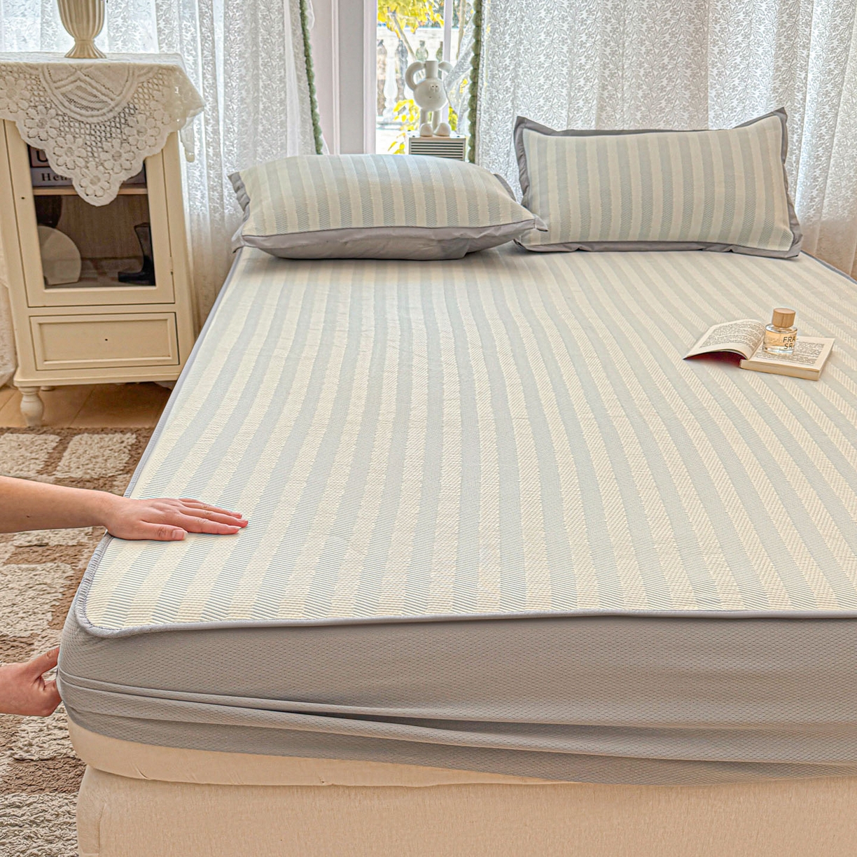 91家纺网 家纺一手货源 找家纺 川悦生活 2026新款凉豆豆提花凉席床笠款 床笠甜心-水蓝