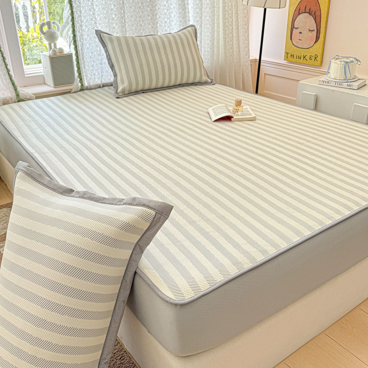 91家纺网 家纺一手货源 找家纺 川悦生活 2026新款凉豆豆提花凉席床笠款 床笠甜心-月灰