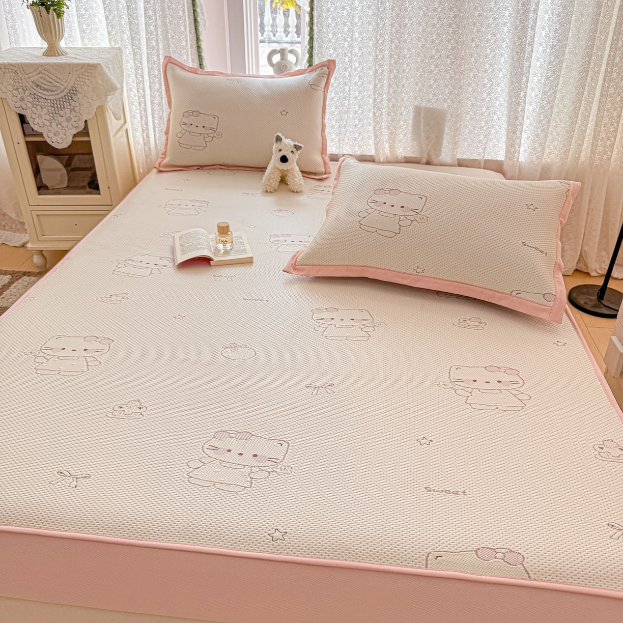 91家纺网 家纺一手货源 找家纺 川悦生活 2026新款凉豆豆提花凉席床笠款 床笠星花小猫