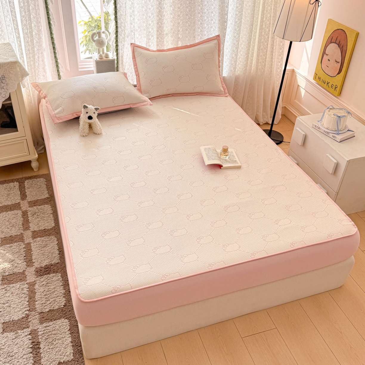 91家纺网 家纺一手货源 找家纺 川悦生活 2026新款凉豆豆提花凉席床笠款 床笠甜心奶猫