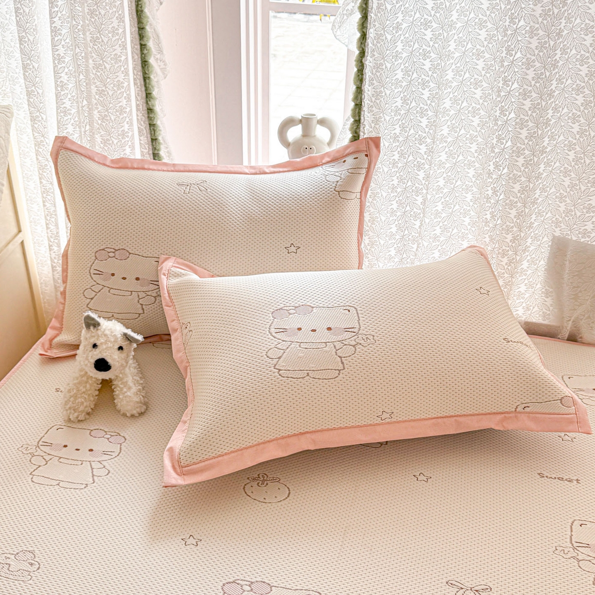 91家纺网 家纺一手货源 找家纺 川悦生活 2026新款凉豆豆提花凉席床笠款 床笠星花小猫