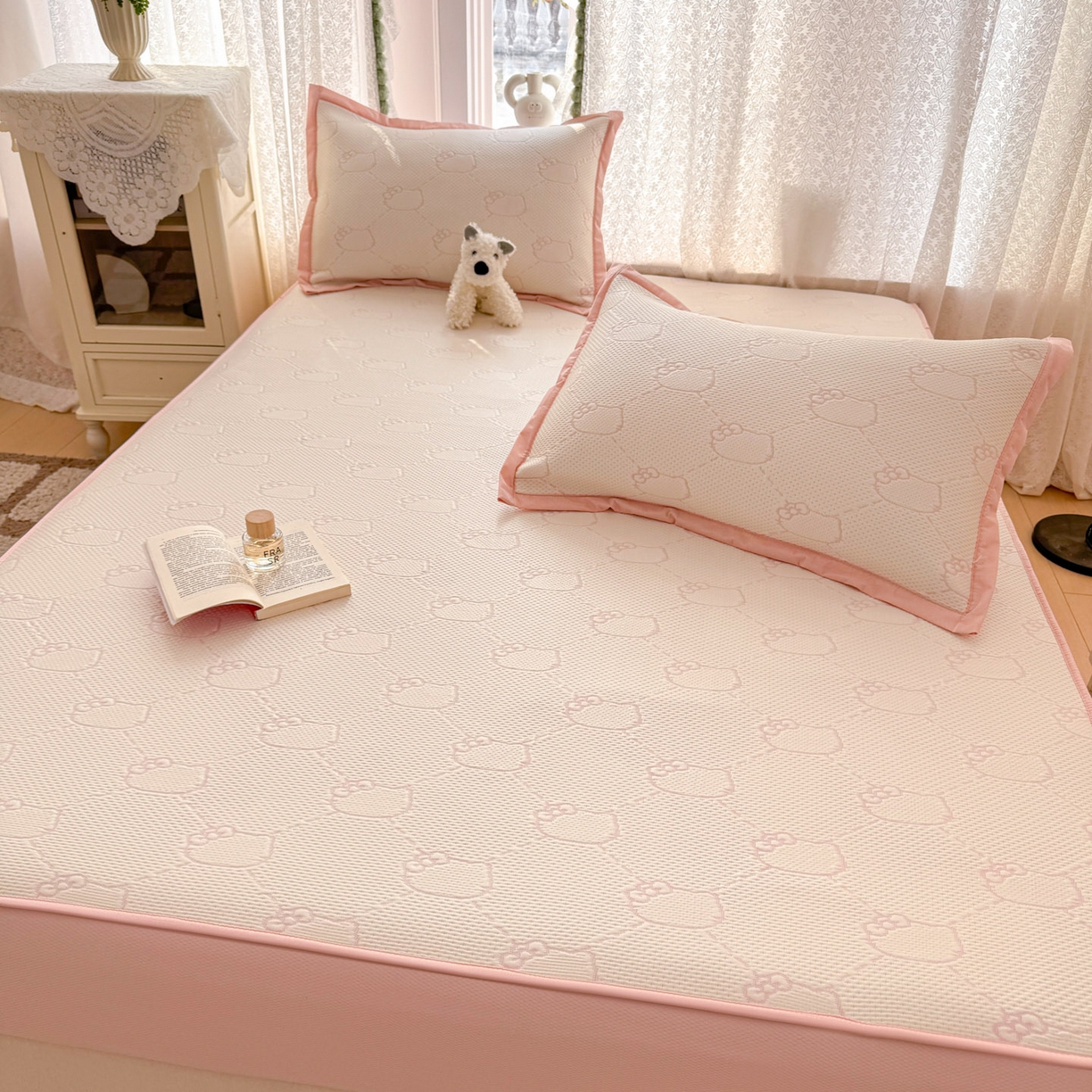 91家纺网 家纺一手货源 找家纺 川悦生活 2026新款凉豆豆提花凉席床笠款 床笠甜心奶猫