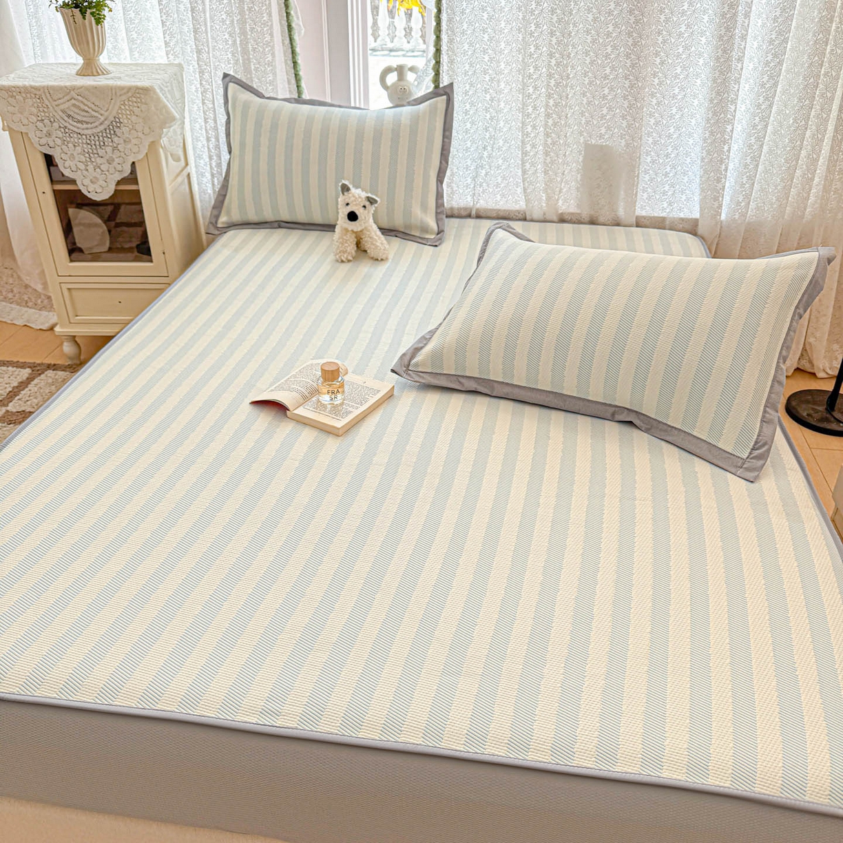 91家纺网 家纺一手货源 找家纺 川悦生活 2026新款凉豆豆提花凉席床笠款 床笠甜心-水蓝