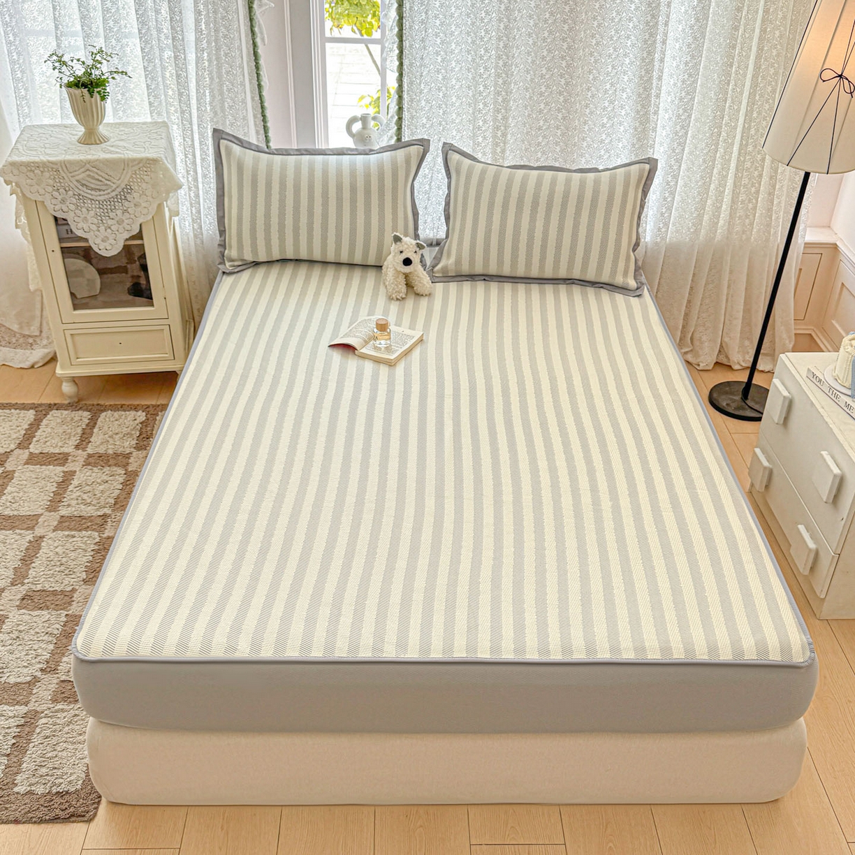 91家纺网 家纺一手货源 找家纺 川悦生活 2026新款凉豆豆提花凉席床笠款 床笠甜心-月灰