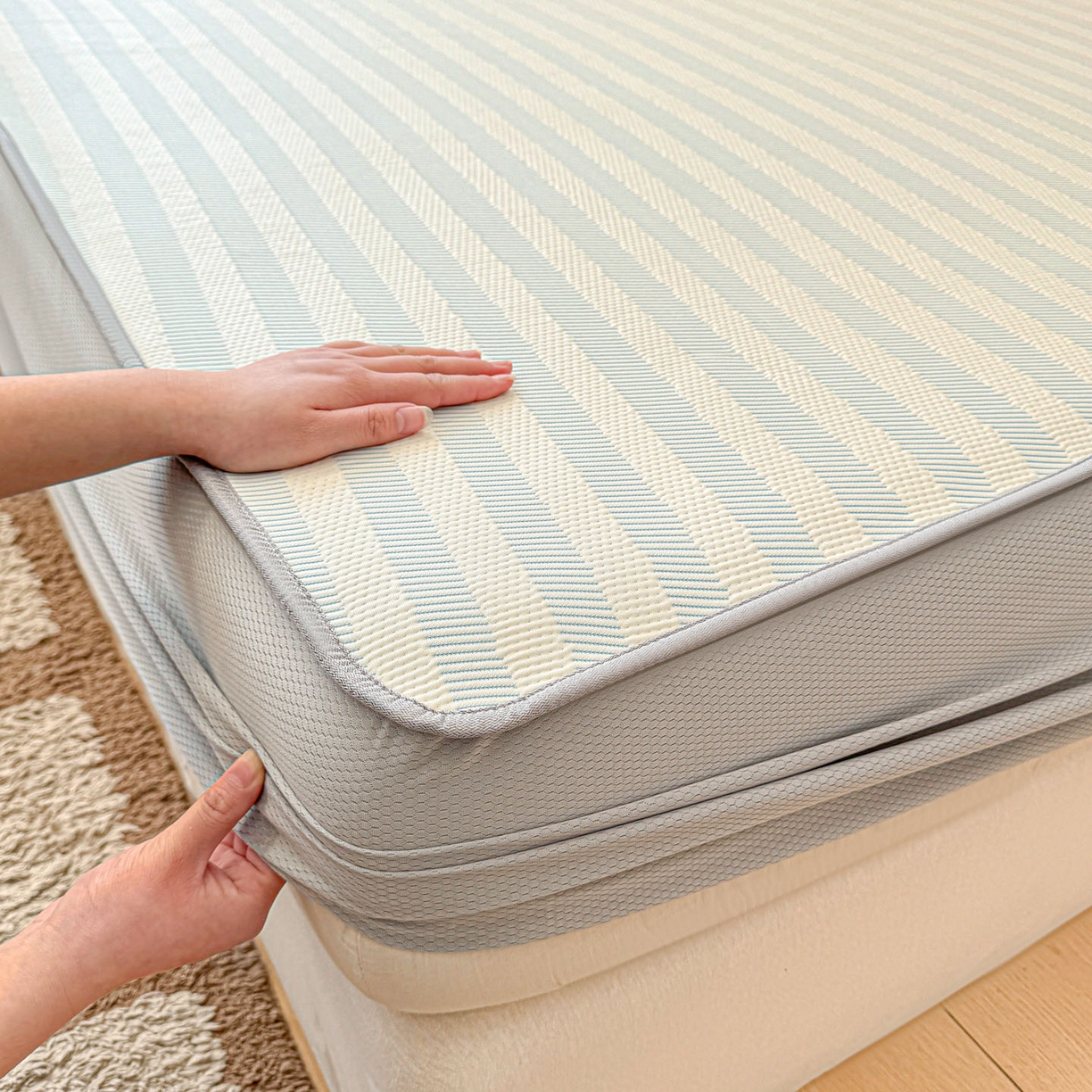 91家纺网 家纺一手货源 找家纺 川悦生活 2026新款凉豆豆提花凉席床笠款 床笠甜心-水蓝