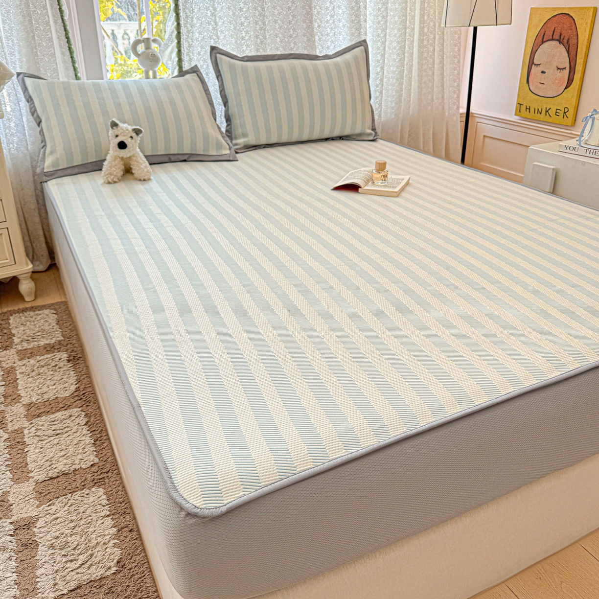 91家纺网 家纺一手货源 找家纺 川悦生活 2026新款凉豆豆提花凉席床笠款 床笠甜心-水蓝