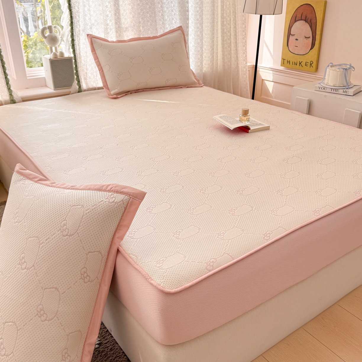 91家纺网 家纺一手货源 找家纺 川悦生活 2026新款凉豆豆提花凉席床笠款 床笠甜心奶猫