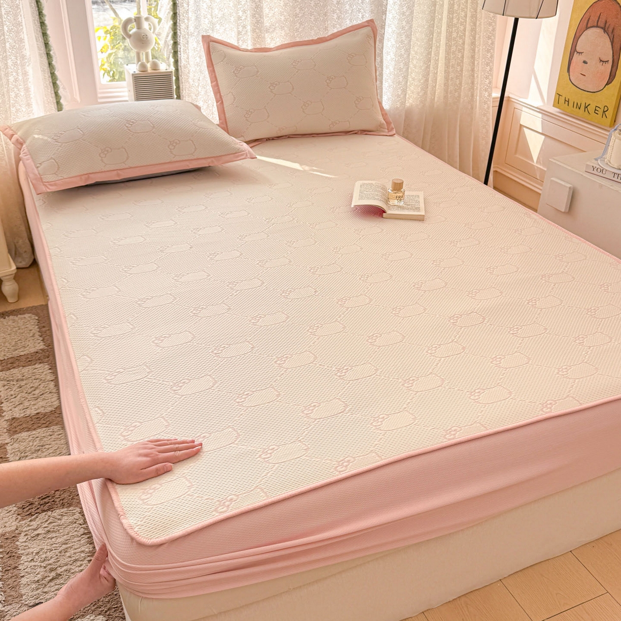 91家纺网 家纺一手货源 找家纺 川悦生活 2026新款凉豆豆提花凉席床笠款 床笠甜心奶猫