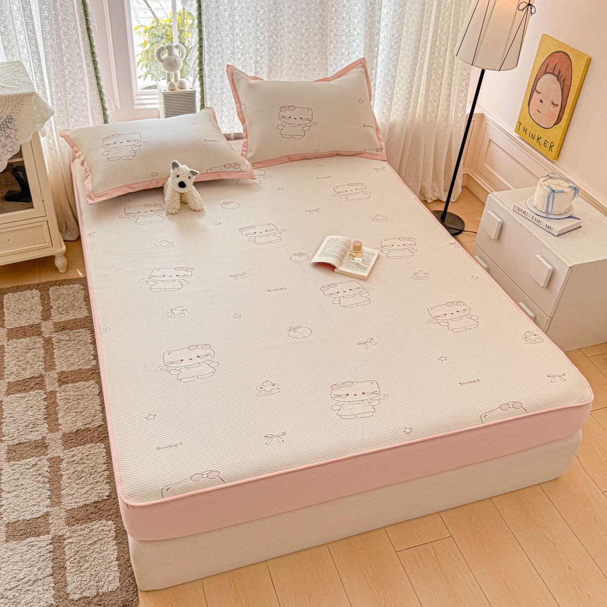 91家纺网 家纺一手货源 找家纺 川悦生活 2026新款凉豆豆提花凉席床笠款 床笠星花小猫