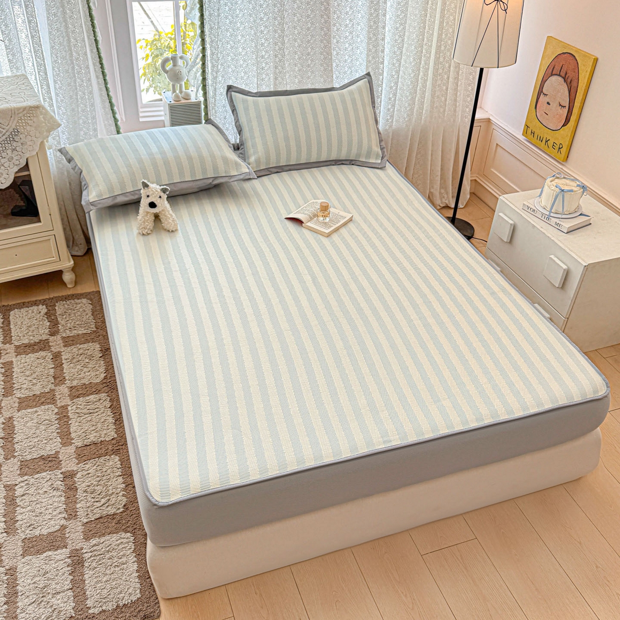 91家纺网 家纺一手货源 找家纺 川悦生活 2026新款凉豆豆提花凉席床笠款 床笠甜心-水蓝