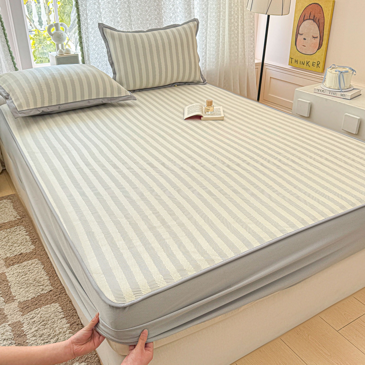 91家纺网 家纺一手货源 找家纺 川悦生活 2026新款凉豆豆提花凉席床笠款 床笠甜心-月灰