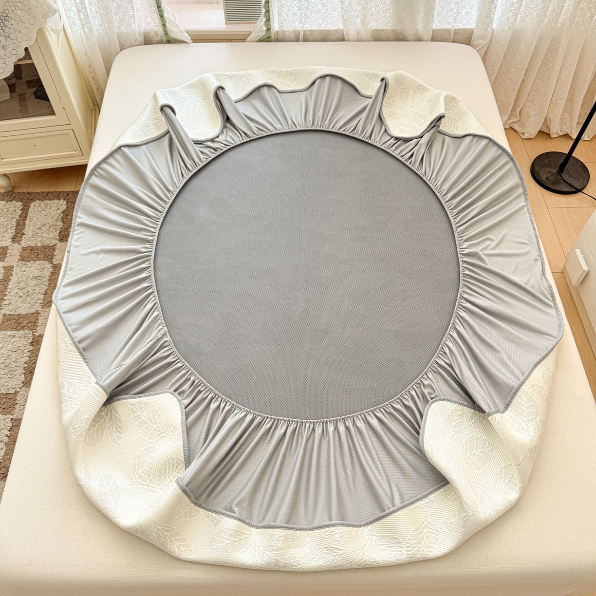 91家纺网 家纺一手货源 找家纺 川悦生活 2026新款凉豆豆提花凉席床笠款 床笠月桂-月银