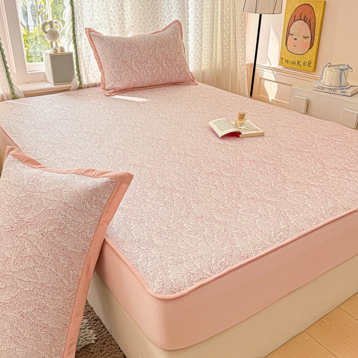 91家纺网 家纺一手货源 找家纺 川悦生活 2026新款凉豆豆提花凉席床笠款 床笠夏季岛屿-粉