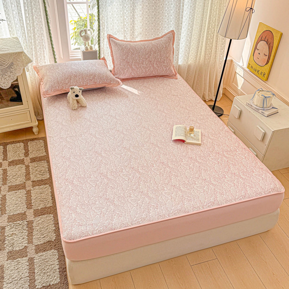 91家纺网 家纺一手货源 找家纺 川悦生活 2026新款凉豆豆提花凉席床笠款 床笠夏季岛屿-粉